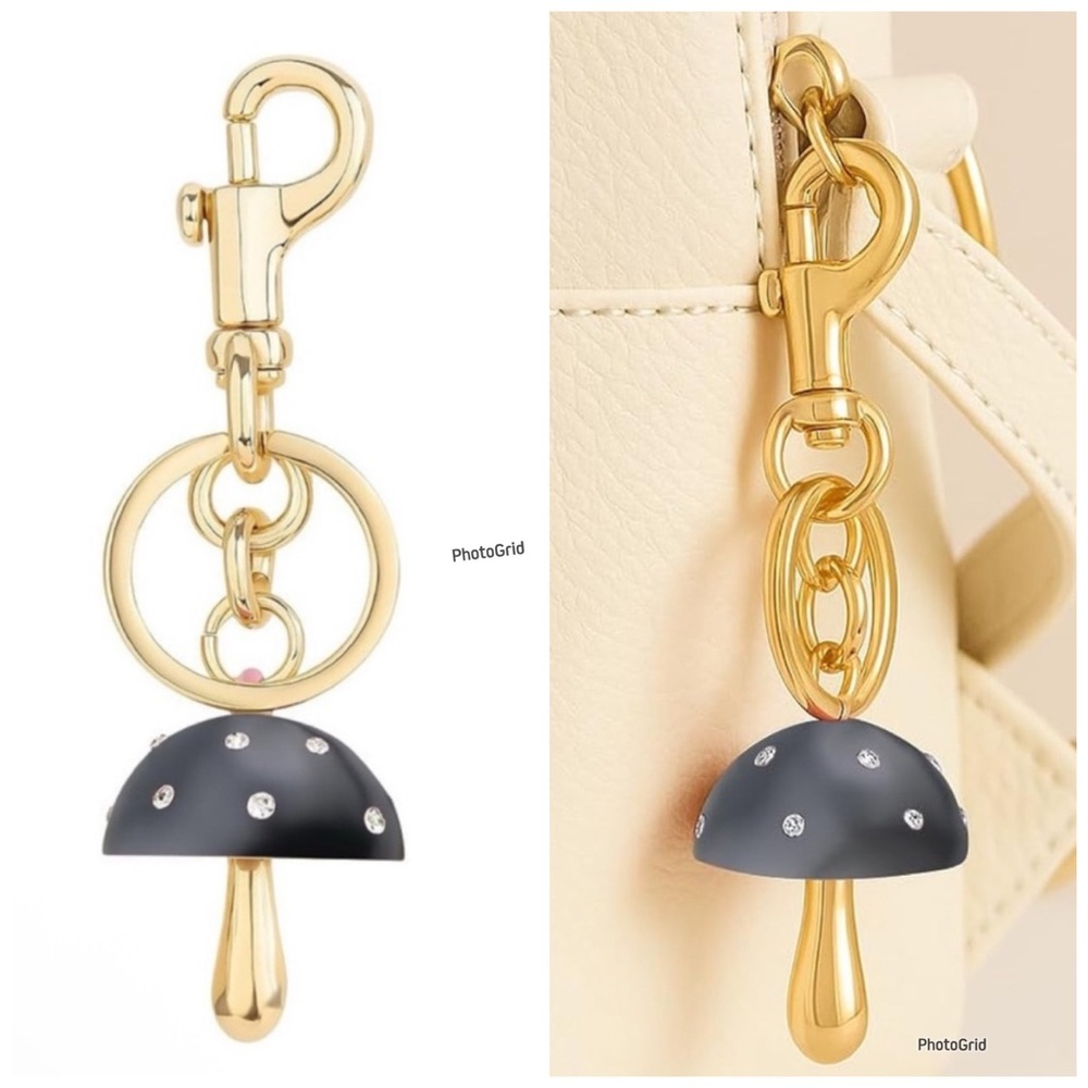 🍄NEW Mushroom Bag Charm/ Keychain Black Enamel & Gold w/ Rhinestone Details